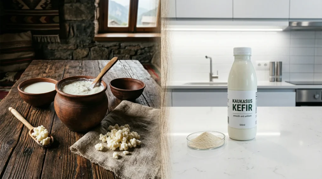 Ancient kefir grains in a clay pot on a rustic wooden table beside a modern store-bought kefir bottle on a minimalist kitchen counter, showing the contrast between traditional and commercial kefir