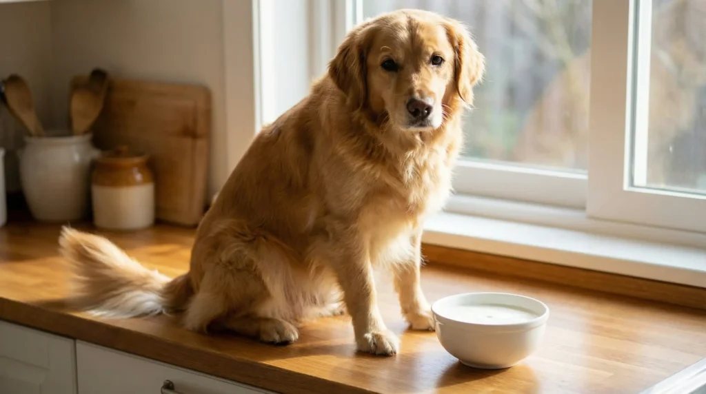 A happy dog sitting next to a bowl of plain kefir, showing how kefir can help dogs with diarrhea