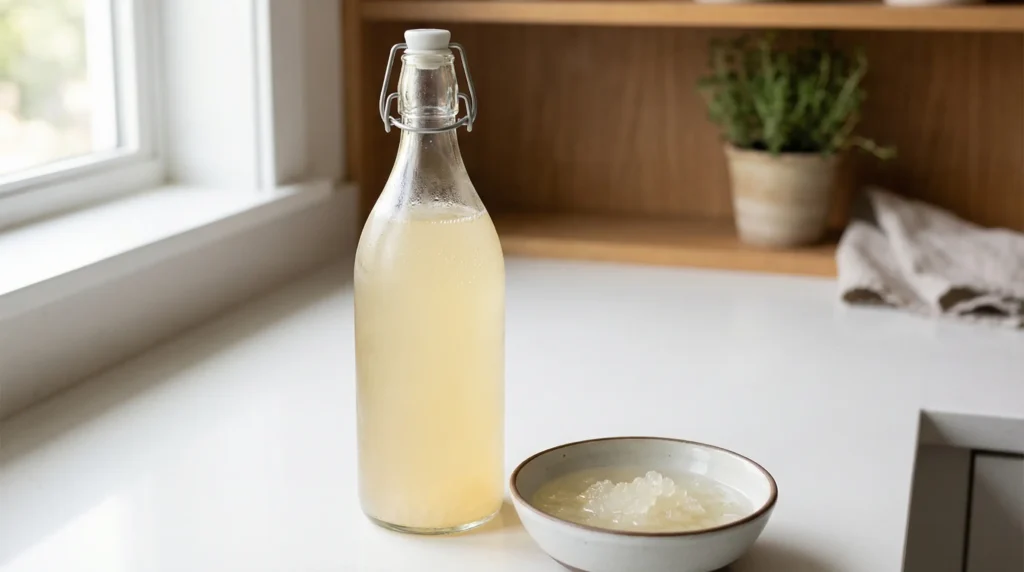 A glass bottle of water kefir with fizzy bubbles next to a bowl of water kefir grains in fresh sugar water on a white kitchen counter.