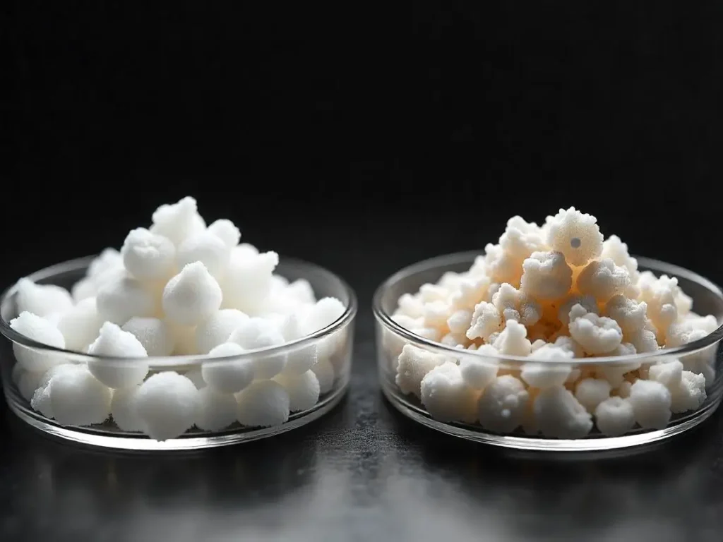 Comparison of fresh kefir grains and magnified grains