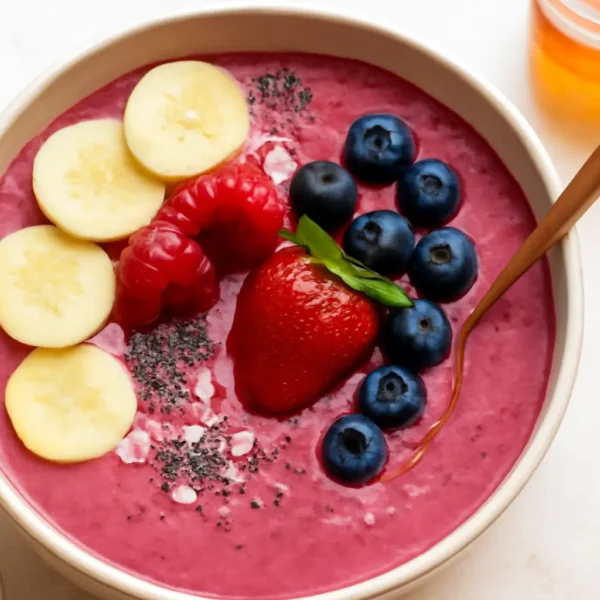 Colorful kefir smoothie bowl topped with fresh fruits, nuts, and seeds.