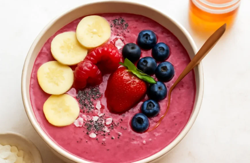 Colorful kefir smoothie bowl topped with fresh fruits, nuts, and seeds.