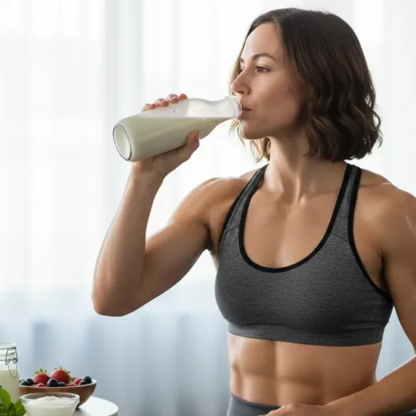 Muscular athlete chugging chilled kefir from glass bottle post-workout, sweat glistening on arm beside gym weights and banana—ideal kefir workout drink recovery visual.