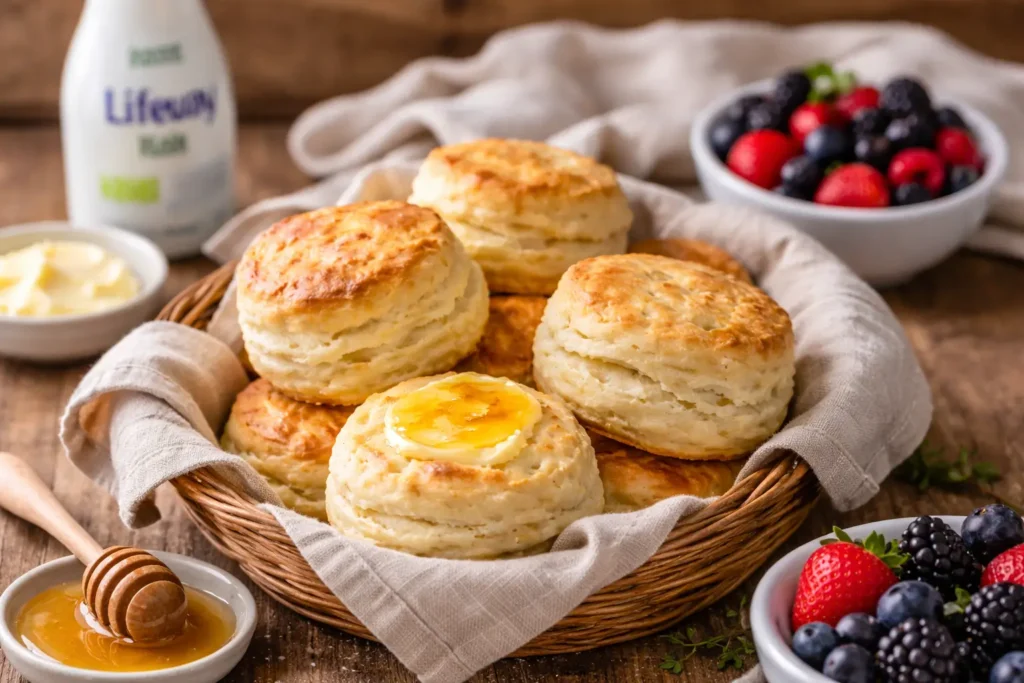 Freshly baked biscuits made with kefir served warm with butter, honey, and fresh berries on a rustic table