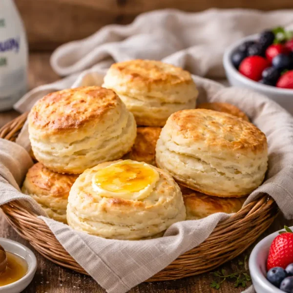 Freshly baked biscuits made with kefir served warm with butter, honey, and fresh berries on a rustic table
