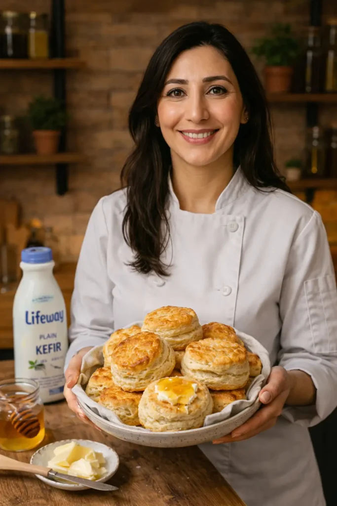Fresh homemade kefir biscuits stacked in a bowl with honey, butter, and berries on a rustic wooden table