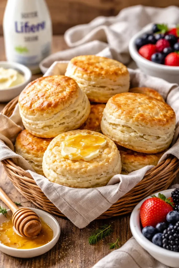 Fresh homemade kefir biscuits served warm with butter, honey, and berries on a rustic wooden table