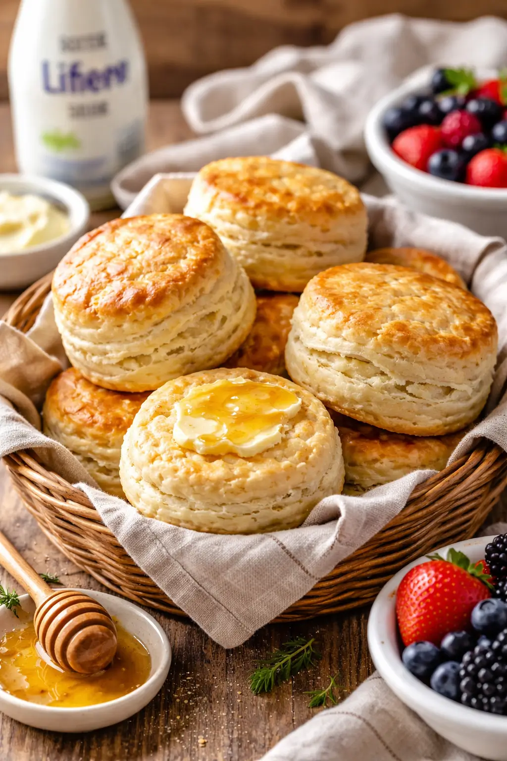 Fresh homemade kefir biscuits served warm with butter, honey, and berries on a rustic wooden table