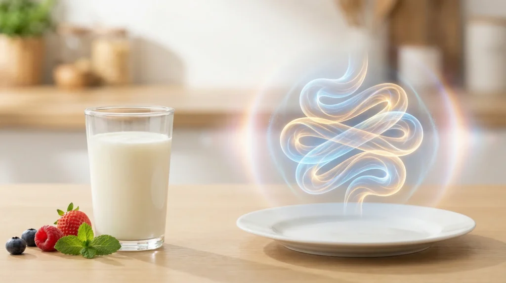 Glass of kefir with abstract glowing gut-health illustration, showing probiotic benefits and digestive wellness, realistic infographic style.