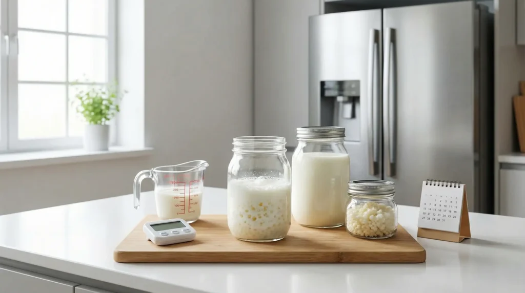 Neat kitchen counter with kefir grains, milk, and a jar of kefir, showing tips to balance fermentation, grain amount, and storage.