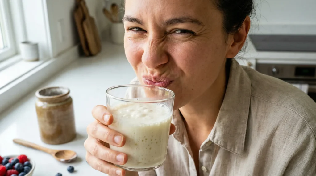 Person tasting kefir and reacting to its sour, tangy flavor with a glass of fresh creamy kefir in a bright kitchen