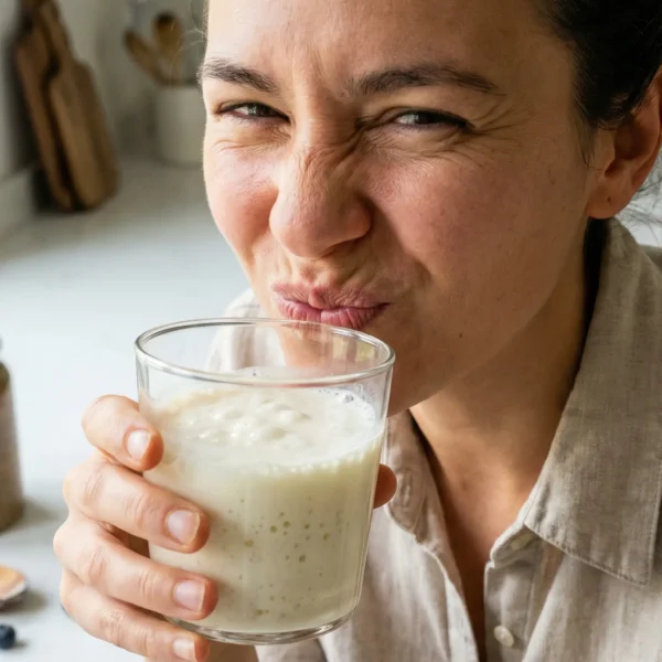 Person tasting kefir and reacting to its sour, tangy flavor with a glass of fresh creamy kefir in a bright kitchen