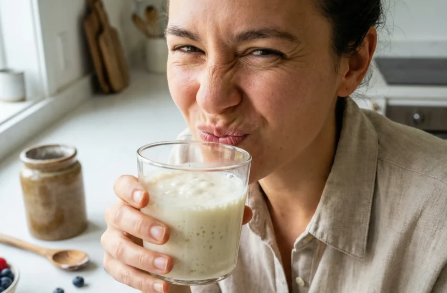 Person tasting kefir and reacting to its sour, tangy flavor with a glass of fresh creamy kefir in a bright kitchen