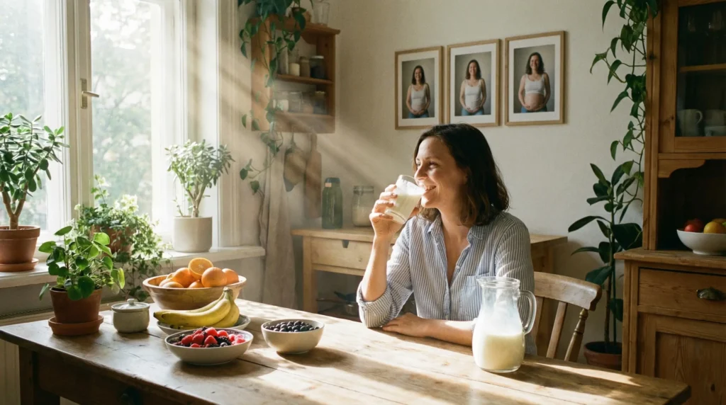 Person enjoying kefir in a bright kitchen with fruit and glasses, showing a happy and relaxed mood while tasting kefir.