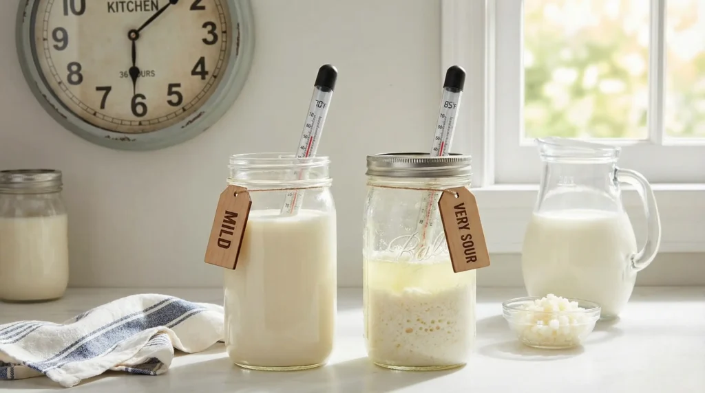 Two jars of kefir, one mild and one very sour, with thermometer, clock, and milk showing fermentation tips at home