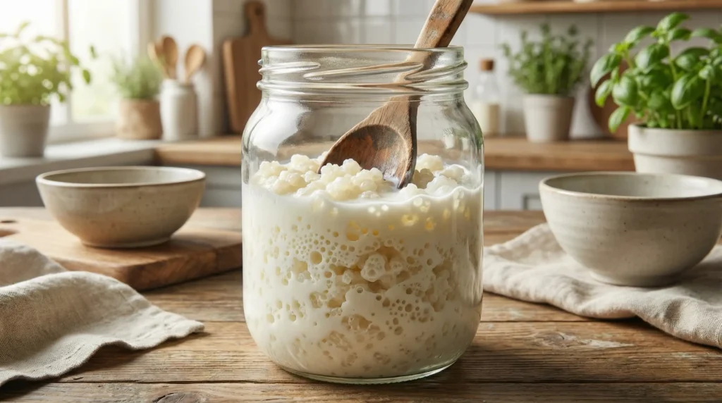 Close-up of live kefir grains fermenting in a glass jar of milk with bubbles, a wooden spoon, and rustic kitchen background.