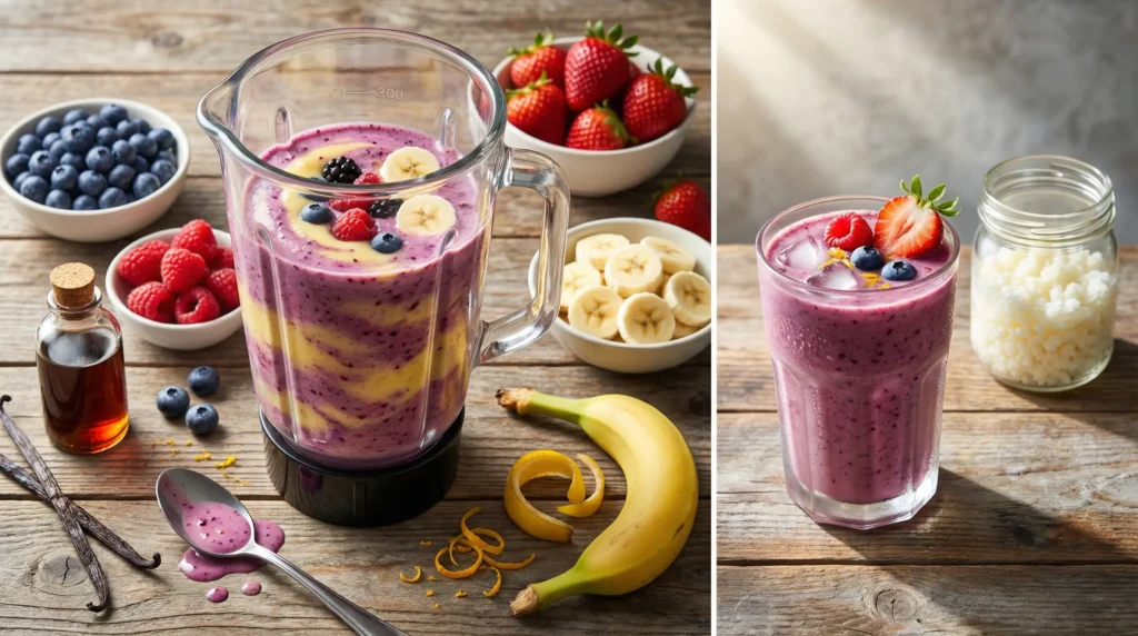 Colorful kefir smoothie with banana, berries, and vanilla in a glass blender jar, showing ways to balance kefir flavor naturally.