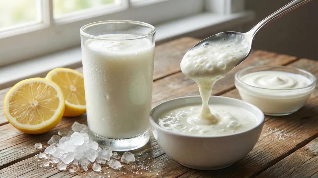 Chilled glass of kefir with a spoon showing thick, creamy kefir dripping, with lemon slices and plain yogurt, bright and bubbly.