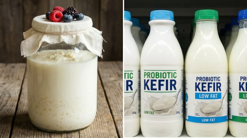 Comparison of homemade creamy kefir in a glass jar versus supermarket packaged kefir bottles, showing fresh vs processed look.